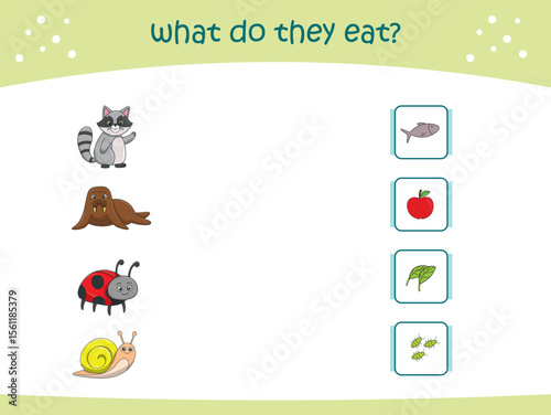 What do they eat matching game for kids with cute wild animals. activity page for kindergarteen and preschool. Vector illustration
