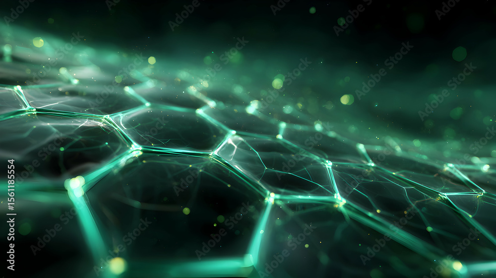 Obraz premium Abstract green network backdrop with connected hexagon nodes for futuristic technology or science