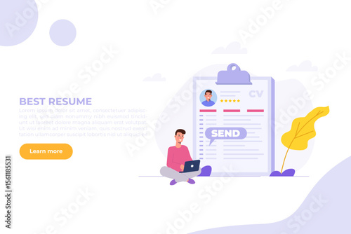 Job searching. Send online cv or upload resume, apply for jobs. Employee recruitment data paper. Cartoon Flat Vector illustration for banner, website, landing page, flyer.