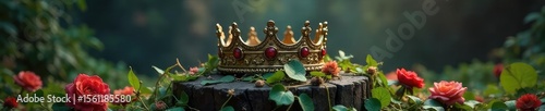 A dramatic scene depicting a majestic crown atop a decaying throne, surrounded by wilting flowers and overgrown vines, suggesting a fallen king's return to power , throne, glory