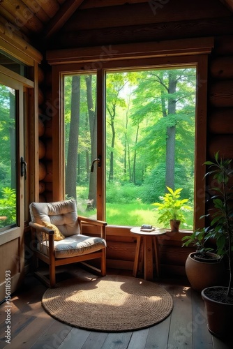 A rustic cabin nestled in a lush forest, awaiting summer guests Perfect for travel, vacation, and getaway imagery Cozy interior visible through the window , rental property, woods, nature
