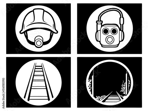 Set of four safety and mining icons including hard hat gas mask ladder and tunnel