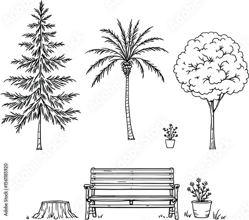 Black-and-White Vector Illustration of Park Scene Icons – 6-Element Nature & Seating Composition