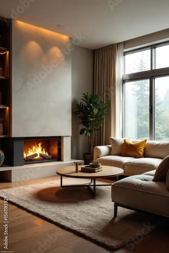 Cozy living room with warm lighting, featuring a textured rug, stylish sofa, and a modern fireplace creating a relaxed and inviting atmosphere Perfect for home decor inspiration , house, relaxed