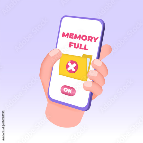 Phone full memory. Storage space file is full concept. 3D Vector illustration.
