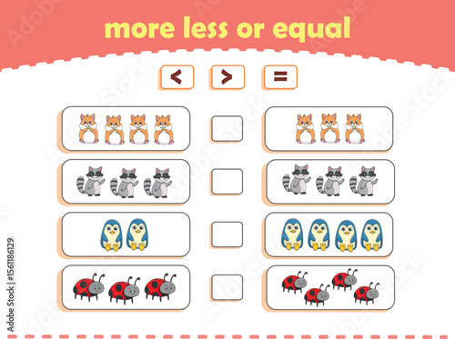 More, less or equal. Count the amount of cute wild animals. Educational math game for kids. Vector Illustration