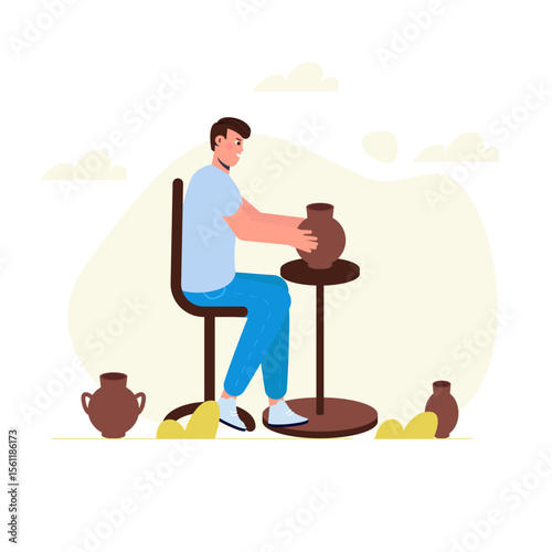 Pottery workshop, man making ceramic pot in pottery workshop. Vector illustrations for banner, website, landing page, flyer.