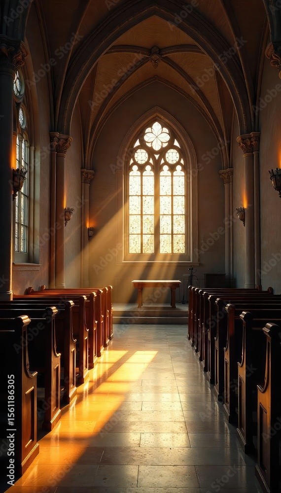 Fototapeta premium Serene church interior, sunlight streaming through stained glass windows illuminating a quiet prayer area Perfect for themes of faith, peace, spirituality, and worship , amen, incense, transcendence