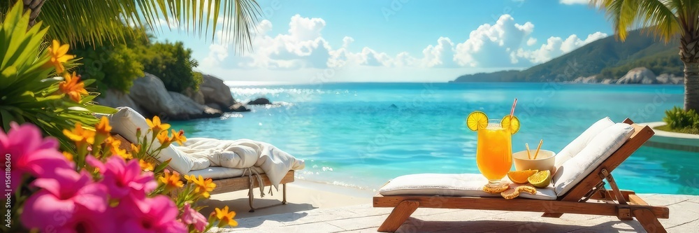 Obraz premium Relaxing summer scene featuring a luxurious sun lounger, refreshing drinks, and vibrant summer flowers, perfect for a pampering escape , purple, green, paradise