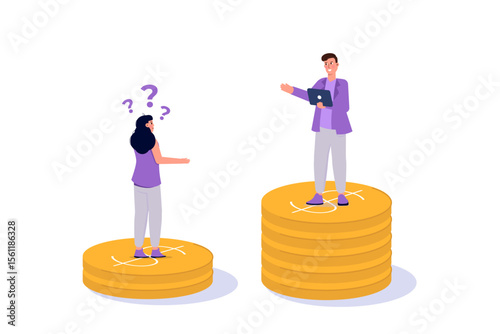 Social inequality, Salary gap concept. Standing on stacks of coins. Cartoon Flat Vector illustration for banner, website, landing page, flyer.