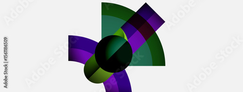 Abstract design features overlapping curved shapes, green, purple hues. Center holds dark circle, creating dynamic visual effect.