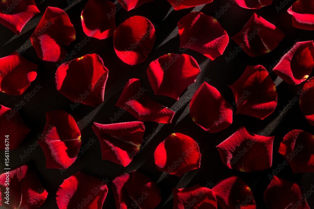 Fototapeta premium Red rose petals are scattering across dark matte surface in flat design, casting long shadows