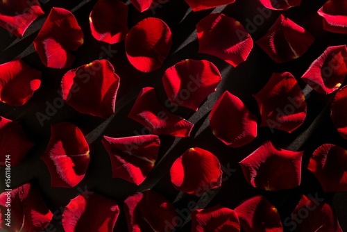 Red rose petals are scattering across dark matte surface in flat design, casting long shadows