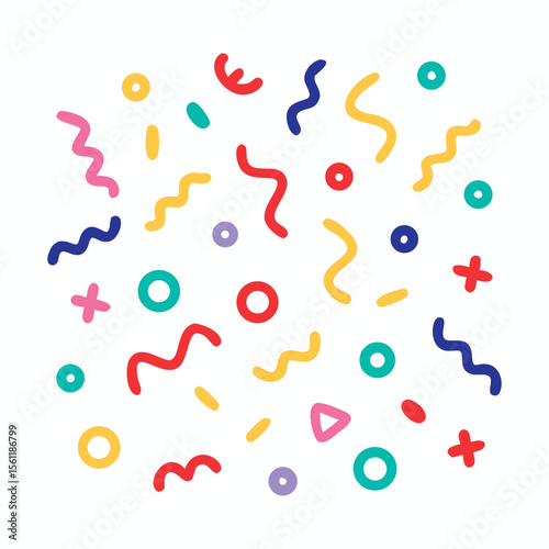 Vector art of colorful confetti shapes forming a playful pattern isolated on white background.