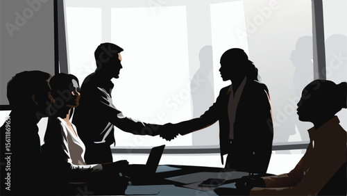 Silhouette of business people shaking hands during a meeting in a bright office setting indoors scene