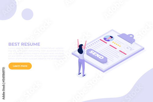 Job searching. Send online cv or upload resume, apply for jobs. Employee recruitment data paper. Isometric Vector illustration for banner, website, landing page, flyer.