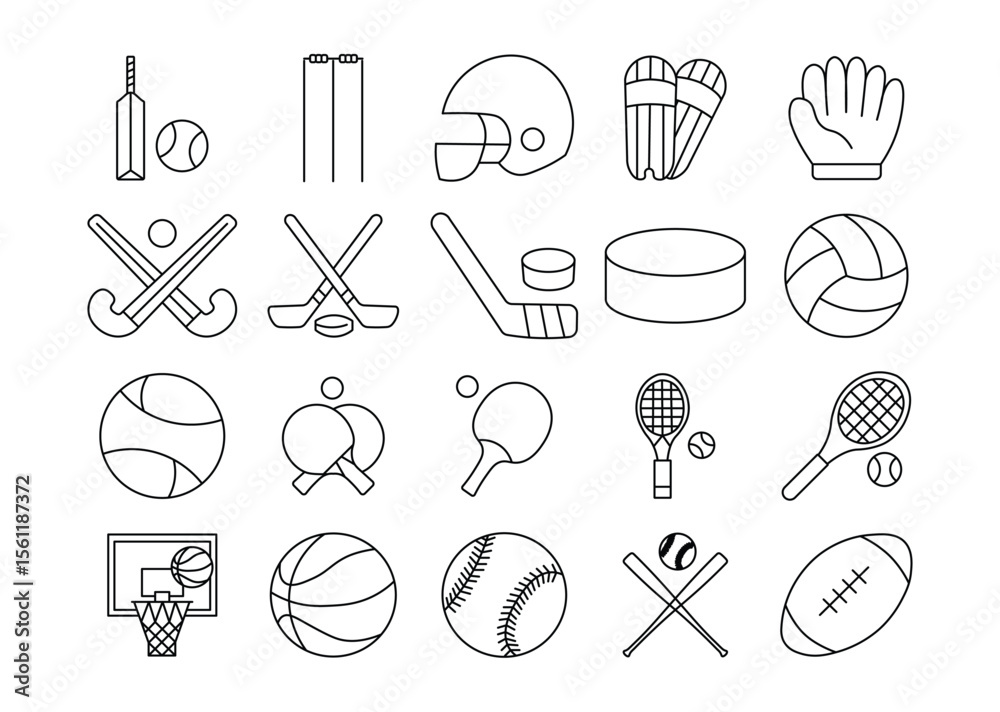 Obraz premium Sports line icon set. Containing football, basketball, baseball, volleyball. Vector editable stroke icon 