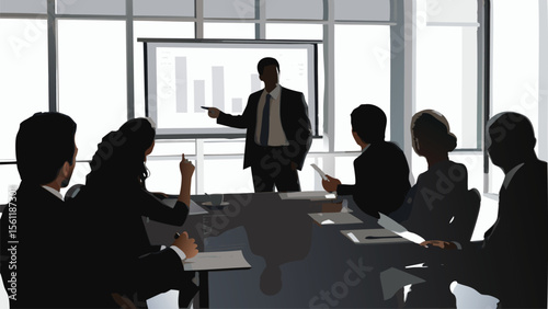 A man in a suit presents a bar graph to a group of people sitting around a table in front of a window