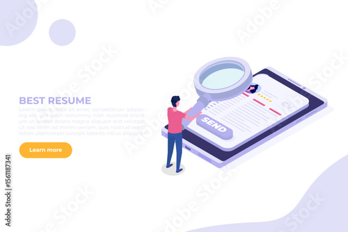 Job searching. Send online cv or upload resume, apply for jobs. Employee recruitment data paper. Isometric Vector illustration for banner, website, landing page, flyer.