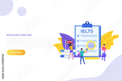 English Proficiency Test and Exam. IELTS International English Language Testing System. Vector illustration.