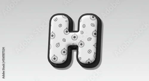 Monochrome capital letter H with a rounded, volumetric design and a seamless ornamental pattern. Graphic alphabet font symbol.