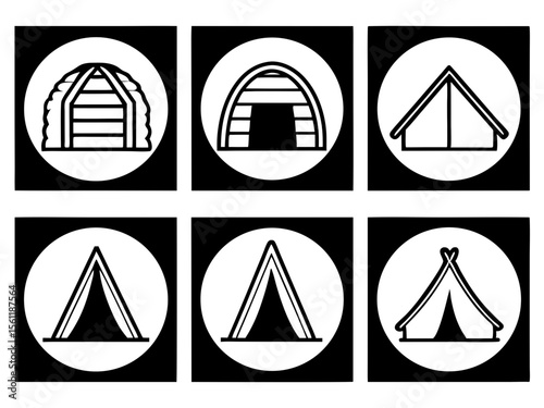 Collection of six simple black and white icons representing different types of tents