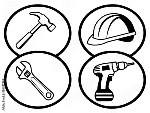 Set of four simple black and white icons representing construction and repair tools