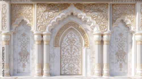 Grand ceremonial Islamic doorway with detailed arabesque flourishes, ornate geometric latticework, flowing floral patterns, architectural muqarnas details, ethereal pearl white and gold accents,