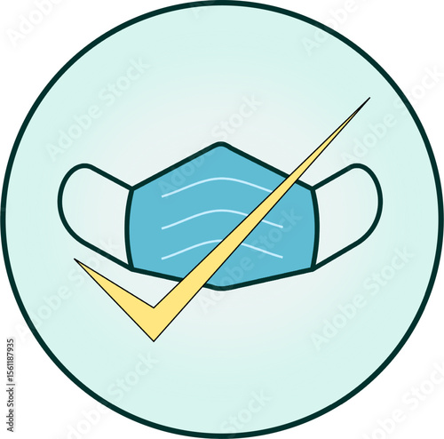 A flat style vector icon of a blue surgical face mask with air loops, enclosed in a circle. A checkmark overlay crosses the mask diagonally, indicating safety, approval/recommendation to wear a mask