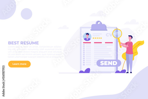 Job searching. Send online cv or upload resume, apply for jobs. Employee recruitment data paper. Cartoon Flat Vector illustration for banner, website, landing page, flyer.