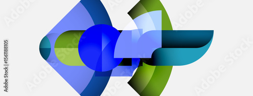 Abstract shapes overlap, creating dynamic composition. Blue, green hues dominate, suggesting fluidity, movement. Minimalist design, clean aesthetic.
