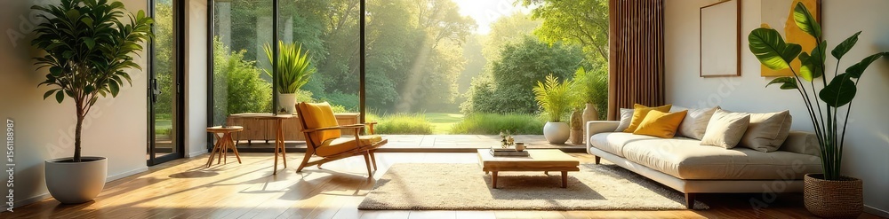 Fototapeta premium Sunlight streams into a spacious, bright living room, illuminating comfortable furniture and stylish decor The large window offers a view of a lush green garden , sofa, apartment, decor