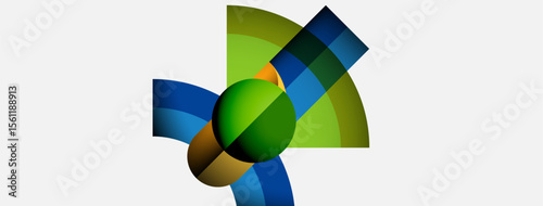 Abstract design features colorful curved shapes radiating from central green sphere. Composition evokes motion, energy, dynamic visual impact.