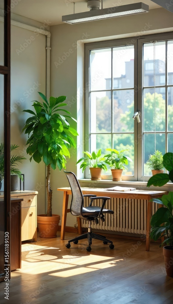 Fototapeta premium Serene office space with plants, natural light, and calming decor, promoting a healthy work-life balance and stress-free environment for improved wellbeing , recovery, healthy