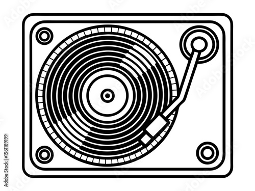 Stylized black and white illustration of a turntable with a record playing