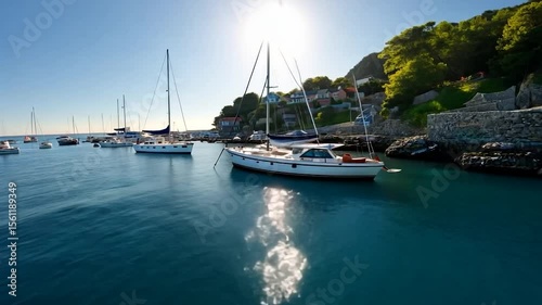 Wallpaper Mural Coastal video showcasing sailboats docked in calm turquoise waters under a bright sun with a hillside village background. The scene is filled with light reflections Torontodigital.ca