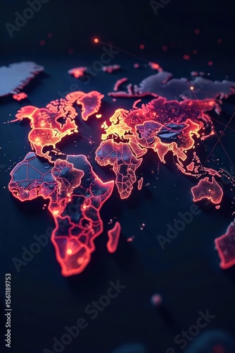 Global network connections visualized as glowing lines connecting diverse locations on a world map, symbolizing interconnectedness and international communication , international business, digital