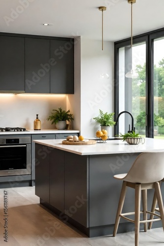 Modern kitchen countertop with sleek design and ample workspace Perfect for food preparation and casual dining Neutral color palette offers versatility and sophistication , room, contemporary