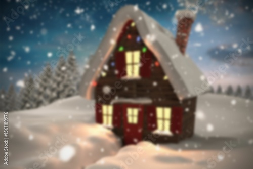 Flat design wooden cabin is standing in snowy pine clearing at dusk, with glowing holiday lights