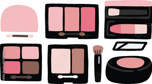 Vector art of a set of pink and brown eyeshadow palettes, blush, lipstick, and brush, isolated on white background