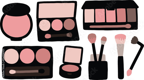 Vector art of a collection of pink and brown makeup palettes, blush, and brushes, isolated on white background