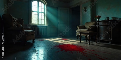 A dimly lit room, overturned furniture, a single crimson stain on the polished floor suggests a violent struggle and a tragic end , crime scene investigation, investigation