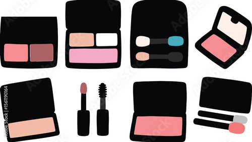 Vector art of a variety of pink and brown makeup palettes, blush, mascara, lipstick, and brushes, isolated on white background