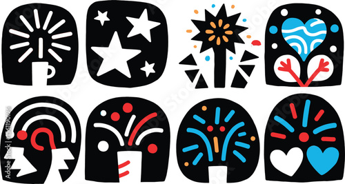 Vector art of collection of eight colorful firework vector icons, perfect for adding a festive touch to your designs