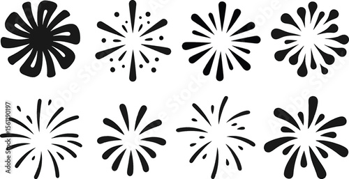 Vector art of a set of ten black firework bursts isolated on white background