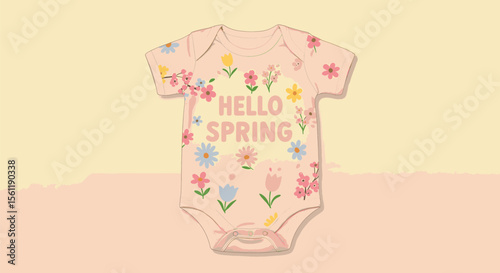 Vector art of adorable pink baby bodysuit with a floral design and hello spring text, isolated on white background
