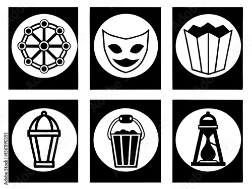 Collection of six black and white icons representing different concepts and objects