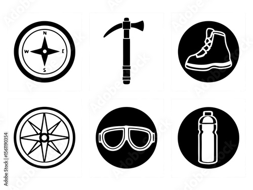 Collection of black and white icons representing outdoor adventure and survival gear