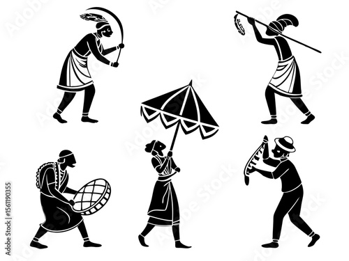Tribal people in traditional attire with cultural artifacts in a stylized illustration