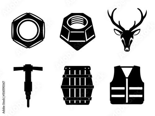 Collection of six white silhouette icons representing various objects on a black background